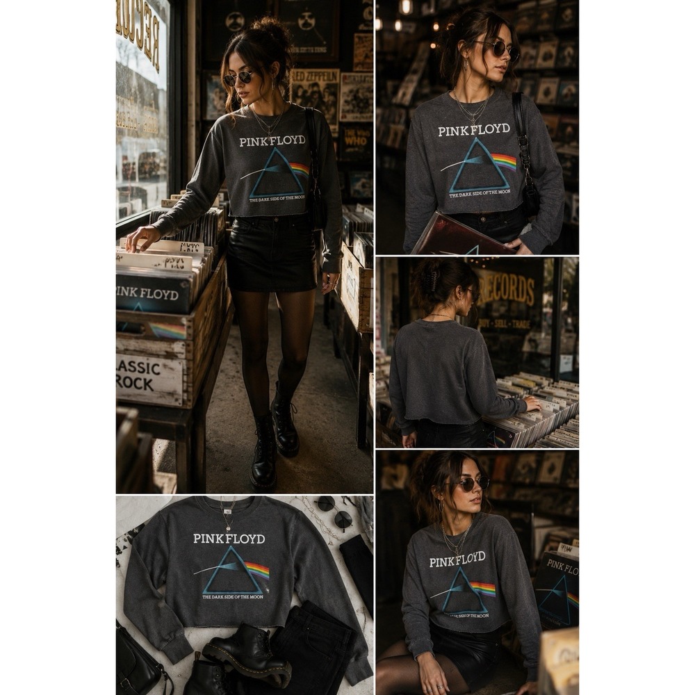 Pink Floyd Dark Side Of The Moon Crop T Shirt Long Sleeve Gray Sz L 70's Rock